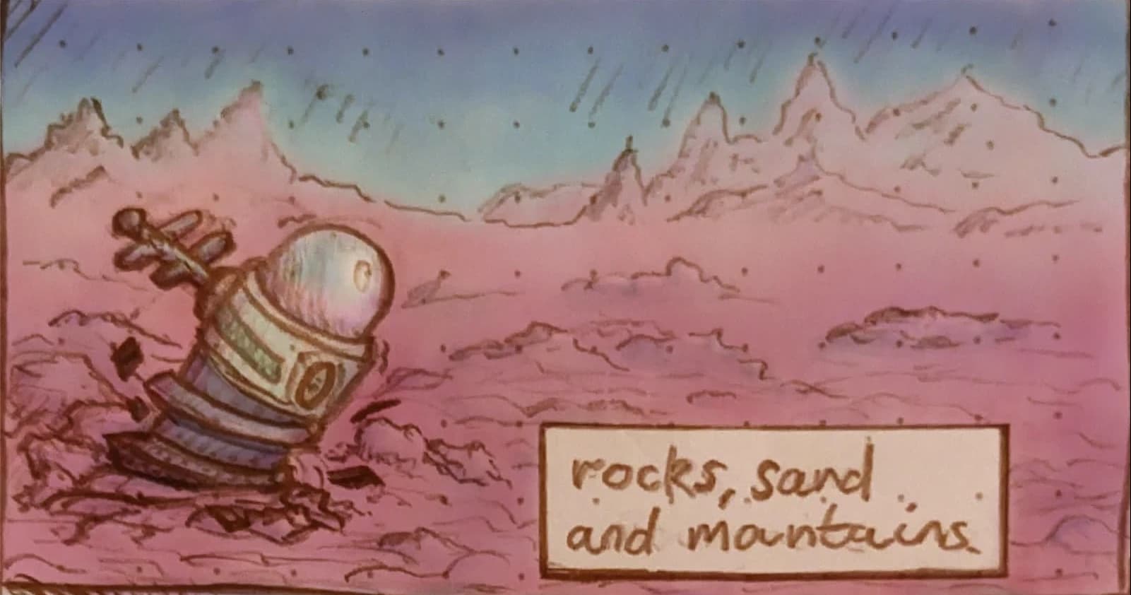 A space ship on a rocky surface. A caption reads 'rocks, sand and mountains'